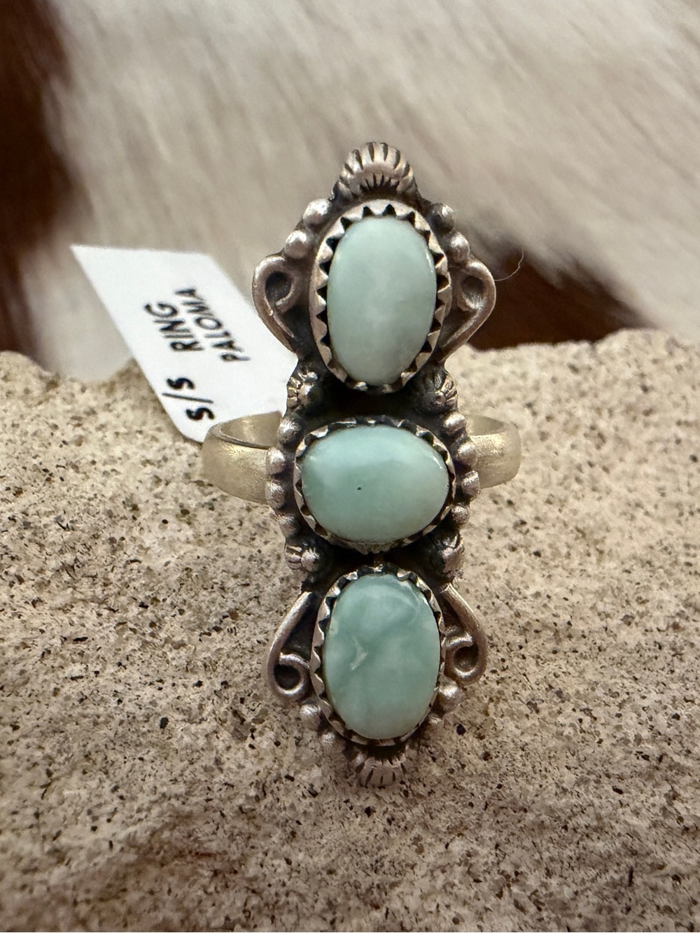 ❤️ Paloma Turquoise 3 Stone Matte Sterling Silver Navajo Style Adjustable Ring